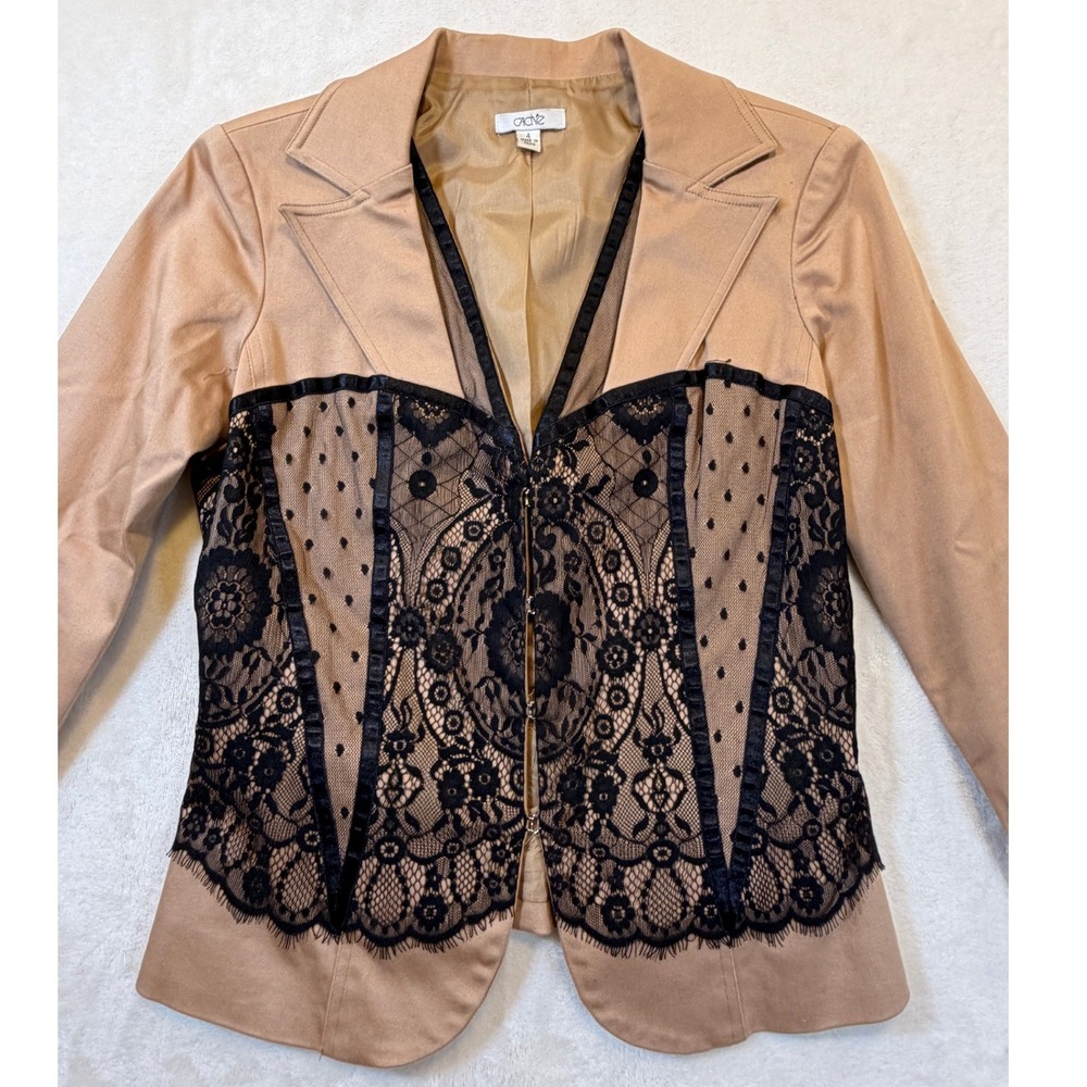 Vintage Y2K Cache Tan Black Lace Corset Overlay Blazer Jacket Womens 4 Excellent